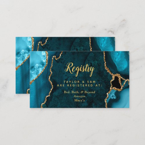 Teal Blue and Gold Agate Wedding Registry Enclosure Card