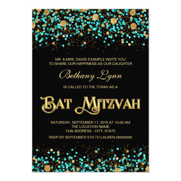 Teal Blue And Gold Bat Mitzvah Invitation