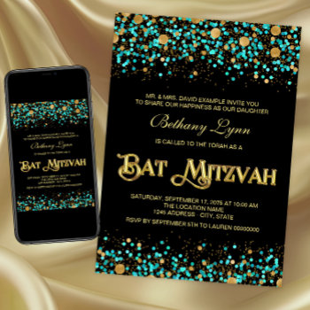 Teal Blue And Gold Bat Mitzvah Invitation by InvitationCentral at Zazzle