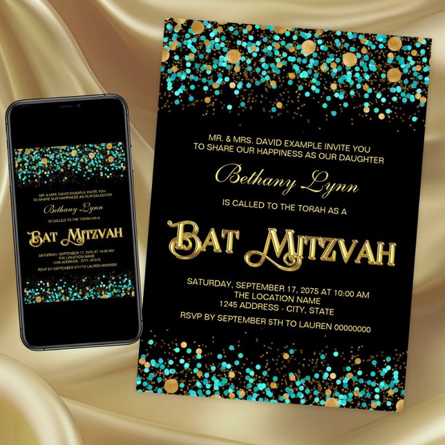 Teal Blue and Gold Bat Mitzvah Invitation (Teal blue and gold Bat Mitzvah invitation. Digital download and printed invitations available.)