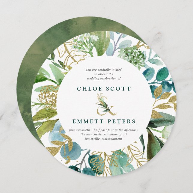 Teal Blue and Gold Botanical Round Wedding Invitation (Front/Back)