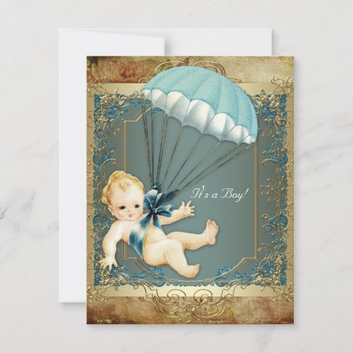 Teal Blue and Gold Boys Vintage Baby Shower Personalized Invites