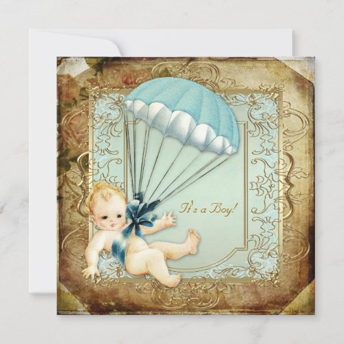 Teal Blue and Gold Boys Vintage Baby Shower Personalized Invitations