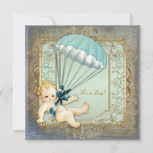 Teal Blue and Gold Boys Vintage Baby Shower Invite