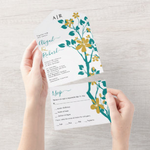 Teal blue and gold branch with flowers wedding all in one invitation