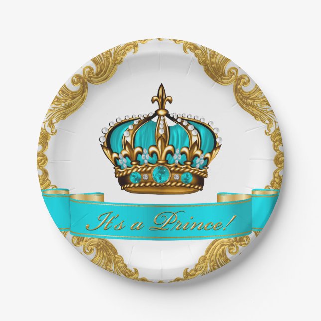 Teal Blue and Gold Crown Prince Baby Shower Paper Plates (Front)