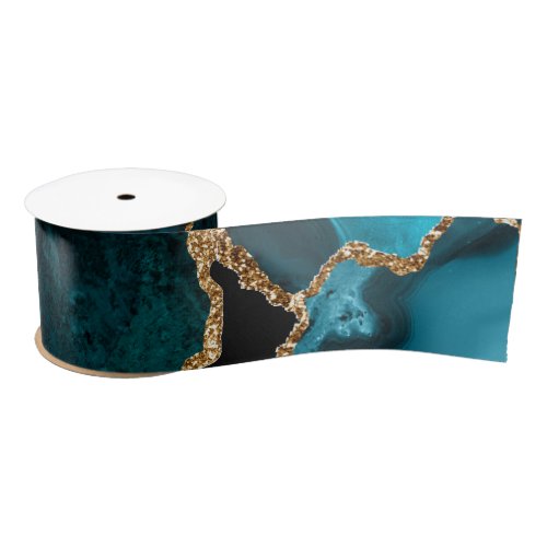 Teal Blue and Gold Faux Glitter Agate Satin Ribbon