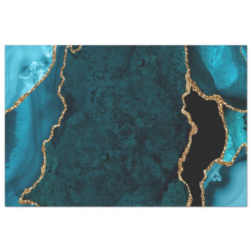 Teal Blue and Gold Faux Glitter Agate Tissue Paper