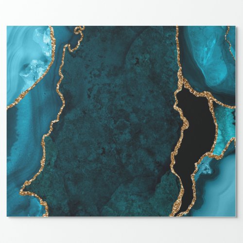Teal Blue and Gold Faux Glitter Agate Wrapping Paper