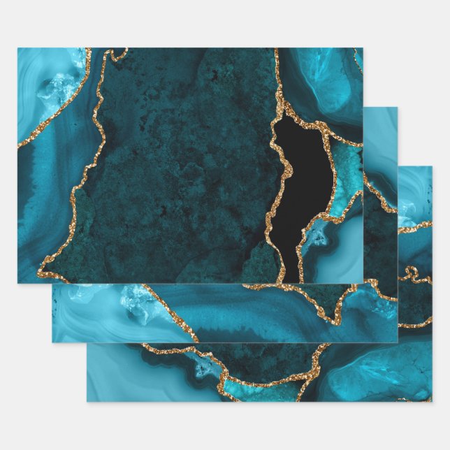 Teal Blue and Gold Faux Glitter Agate Wrapping Paper Sheets (Set)