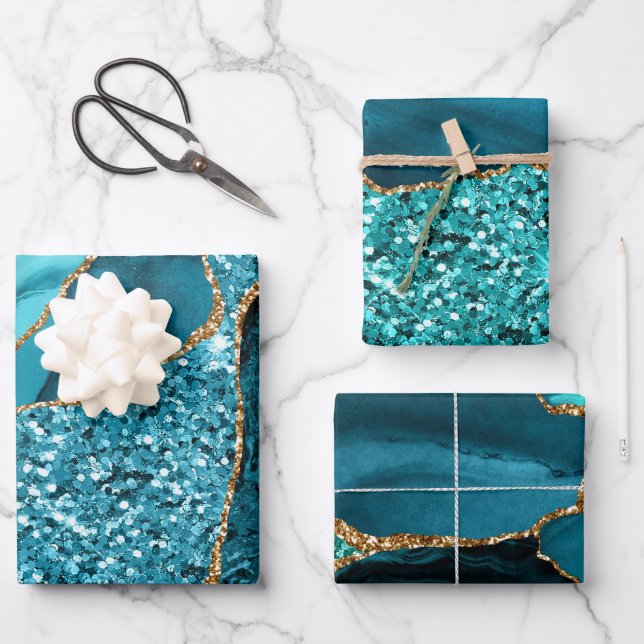 Teal Blue and Gold Faux Glitter Agate Wrapping Paper Sheets (Front)