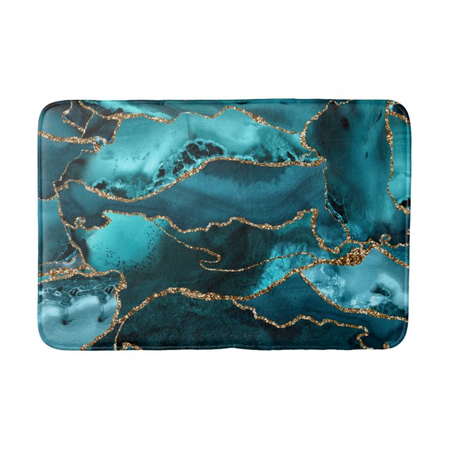 Teal Blue and Gold Glitter Agate Bath Mat (Front)