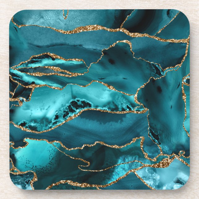 Teal Blue and Gold Glitter Agate Beverage Coaster (Front)