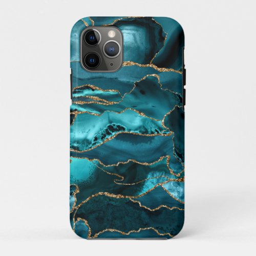 Teal Blue and Gold Glitter Agate iPhone 11 Pro Case