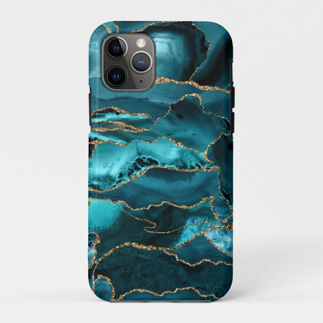 Teal Blue and Gold Glitter Agate Case-Mate iPhone Case (Back)