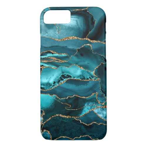 Teal Blue and Gold Glitter Agate iPhone 87 Case