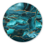 Teal Blue and Gold Glitter Agate Ceramic Knob