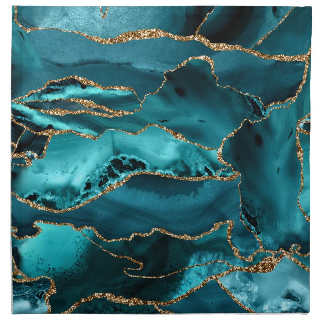 Teal Blue and Gold Glitter Agate Cloth Napkin (Front)