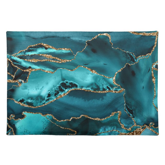 Teal Blue and Gold Glitter Agate Cloth Placemat (Front)