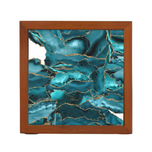 Teal Blue and Gold Glitter Agate Desk Organizer
