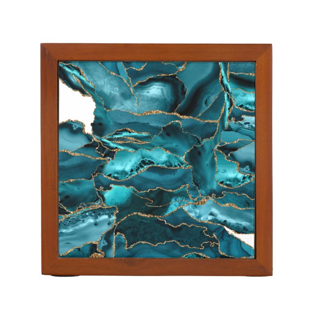 Teal Blue and Gold Glitter Agate Desk Organizer (Front)