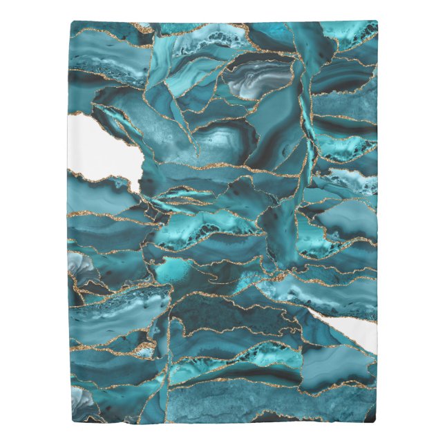Teal Blue and Gold Glitter Agate Duvet Cover (Front)