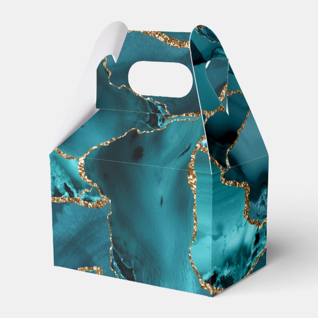 Teal Blue and Gold Glitter Agate Favor Boxes (Front Side)