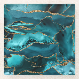 Teal Blue and Gold Glitter Agate Glass Coaster