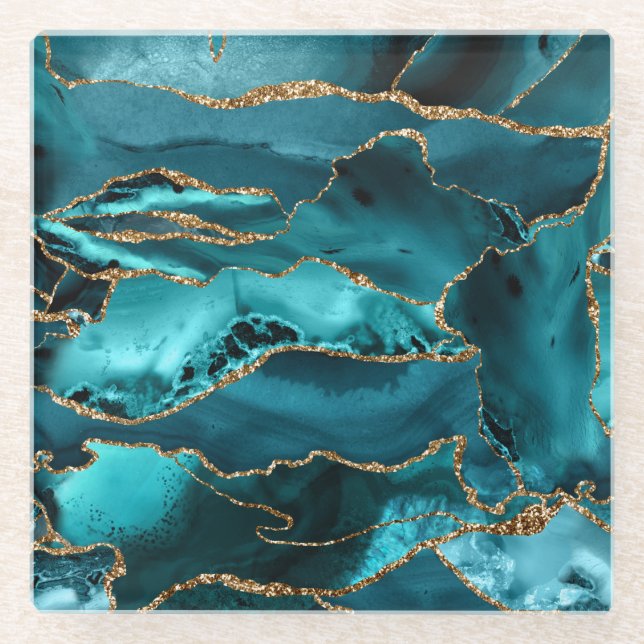 Teal Blue and Gold Glitter Agate Glass Coaster (Front)