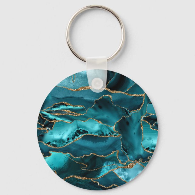 Teal Blue and Gold Glitter Agate Keychain (Front)
