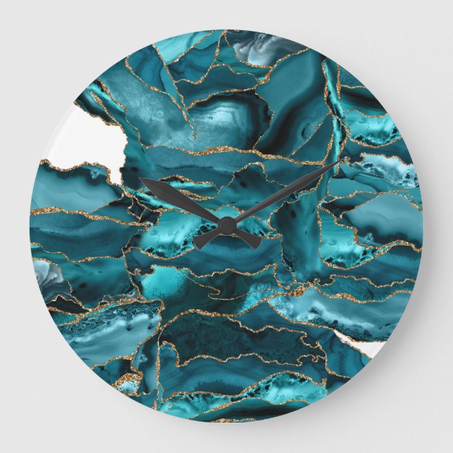 Teal Blue and Gold Glitter Agate Large Clock (Front)