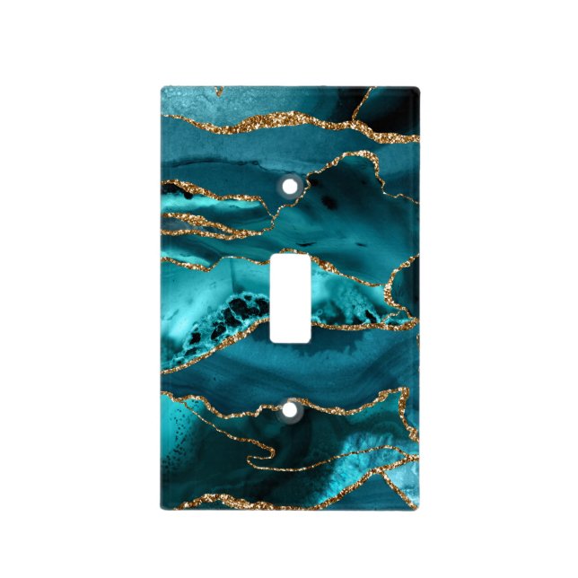 Teal Blue and Gold Glitter Agate Light Switch Cover (Front)
