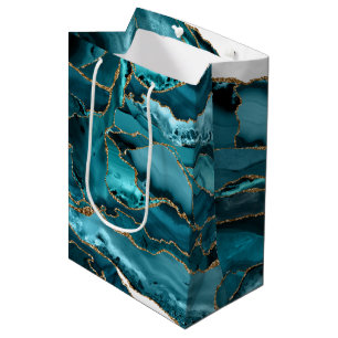 Teal Blue and Gold Glitter Agate Medium Gift Bag