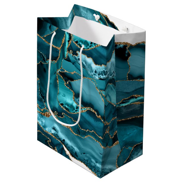 Teal Blue and Gold Glitter Agate Medium Gift Bag (Front Angled)
