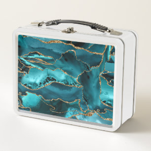 Teal Blue and Gold Glitter Agate Metal Lunch Box