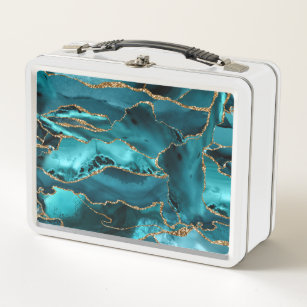 Teal Blue and Gold Glitter Agate Metal Lunch Box