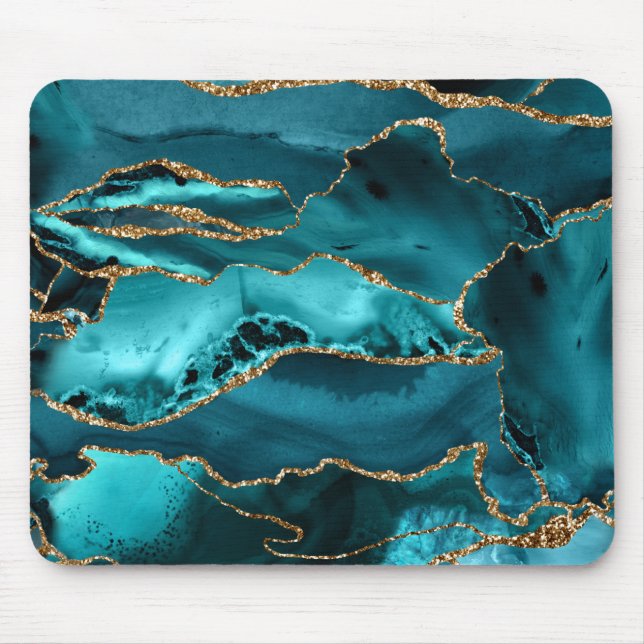 Teal Blue and Gold Glitter Agate Mouse Pad (Front)