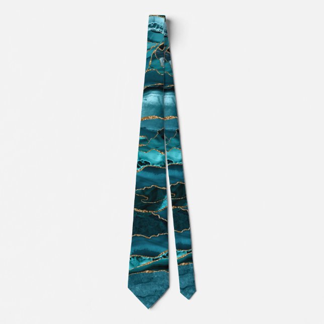 Teal Blue and Gold Glitter Agate Neck Tie (Front)