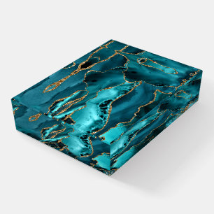 Teal Blue and Gold Glitter Agate Paperweight