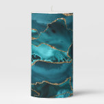 Teal Blue and Gold Glitter Agate Pillar Candle