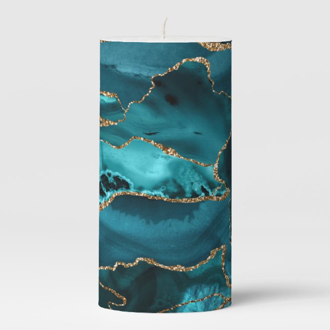 Teal Blue and Gold Glitter Agate Pillar Candle (Front)