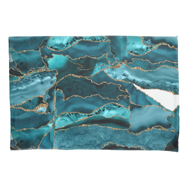 Teal Blue and Gold Glitter Agate Pillow Case (Front-Left)