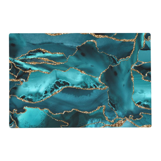 Teal Blue and Gold Glitter Agate Placemat (Front)