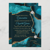 Teal Blue and Gold Glitter Agate Quinceanera Invitation (Front/Back)