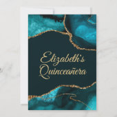 Teal Blue and Gold Glitter Agate Quinceanera Invitation (Back)