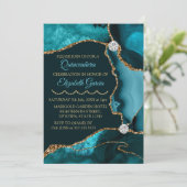 Teal Blue and Gold Glitter Agate Quinceanera Invitation (Standing Front)