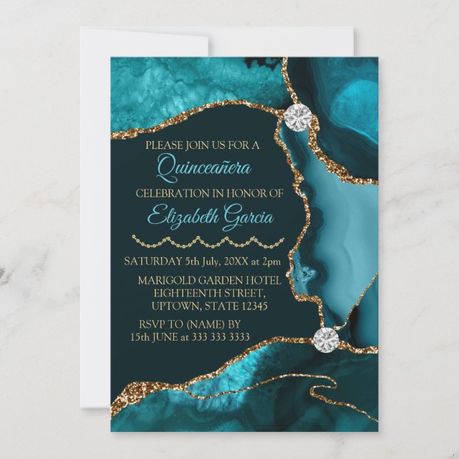 Teal Blue and Gold Glitter Agate Quinceanera Invitation (Front)