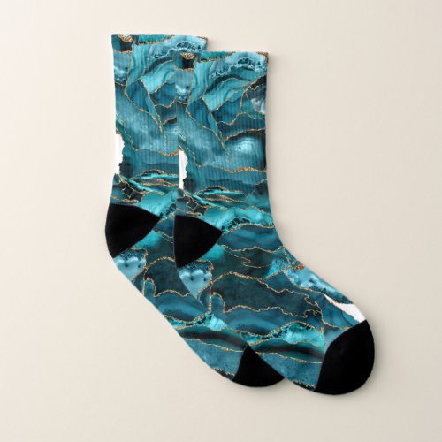 Teal Blue and Gold Glitter Agate Socks