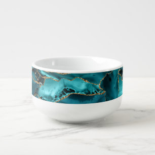 Teal Blue and Gold Glitter Agate Soup Mug