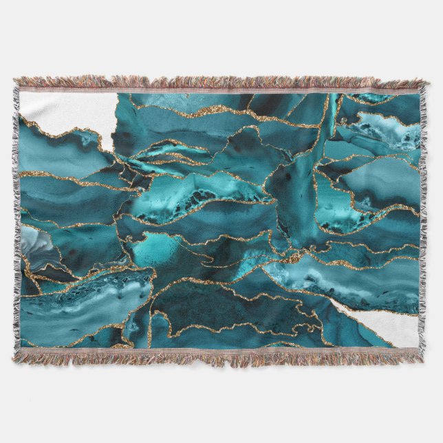 Teal Blue and Gold Glitter Agate Throw Blanket (Front)